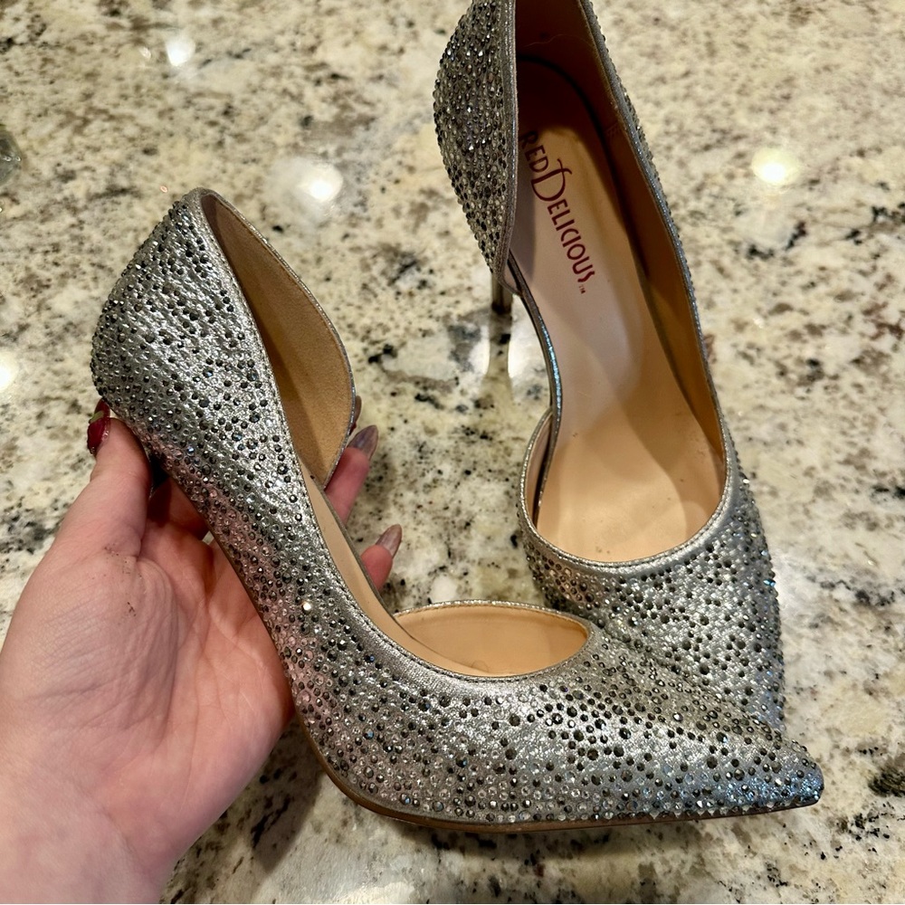 Red Delicious Silver Rhinestone Pointed Toe Heels - Picture 3 of 6